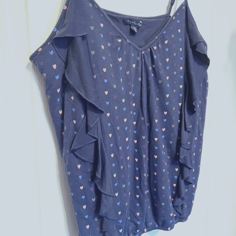 American Eagle Outfitters Tank Top-Juniors XL-Ruffles on Side-Blue/Pink Hearts